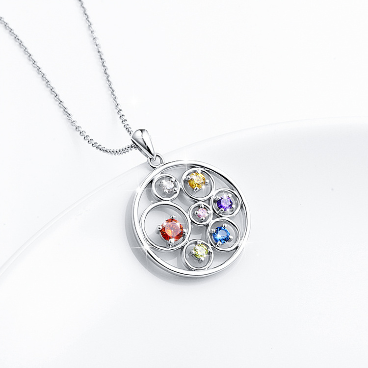 wholesale 925 Sterling Silver Colorful Cz Round Pendant 7 Stone Necklace for Women