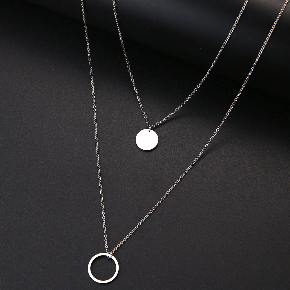 Fashion 925 Sterling Silver Coin Circle Necklace Jewelry 2 Layer Necklace