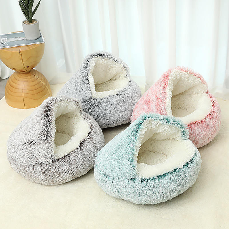 Hot Selling Anti-slip Winter Heated Pet Bed Windproof Warm Soft Plush Semi-closed Shell Pet Nest Bed