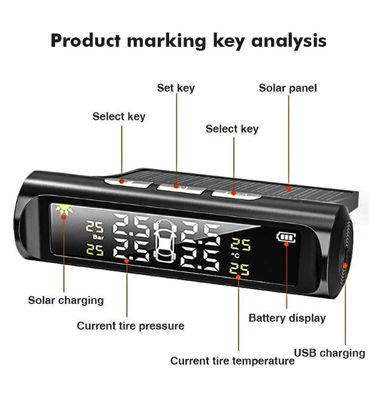 Low Cost  Solar Power Car Tire Pressure Sensor Tpms 433mhz High Temperature Tpm Rs232 Air Tps Internal Digital Auto Tyre Monitor