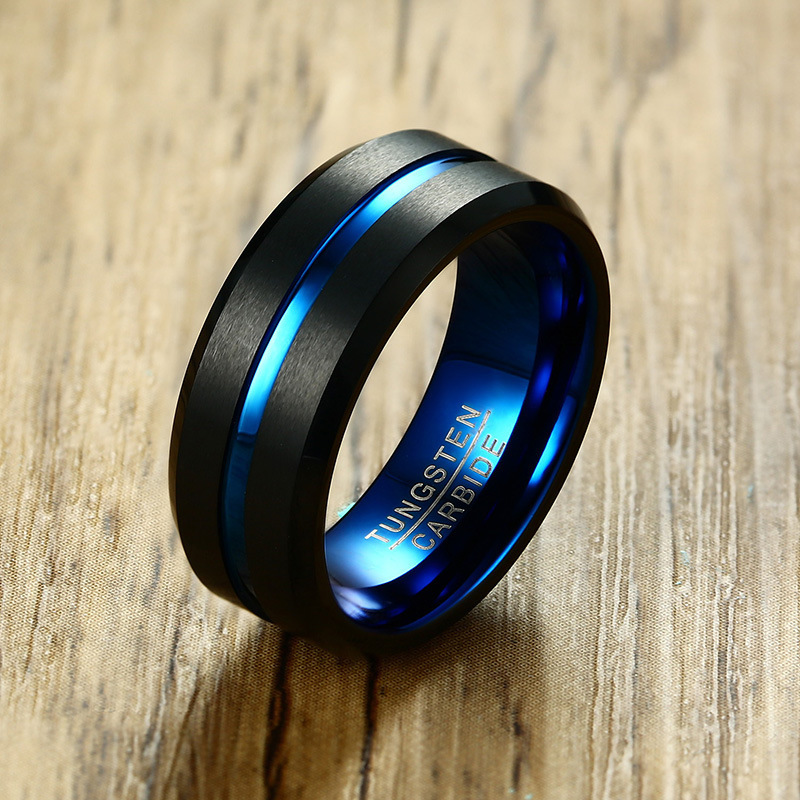 Fashion Thin Blue Line Men's Tungsten Rings Wedding Brand 8MM Tungsten Carbide Rings For Men Jewelry High Polished Beveled Edge