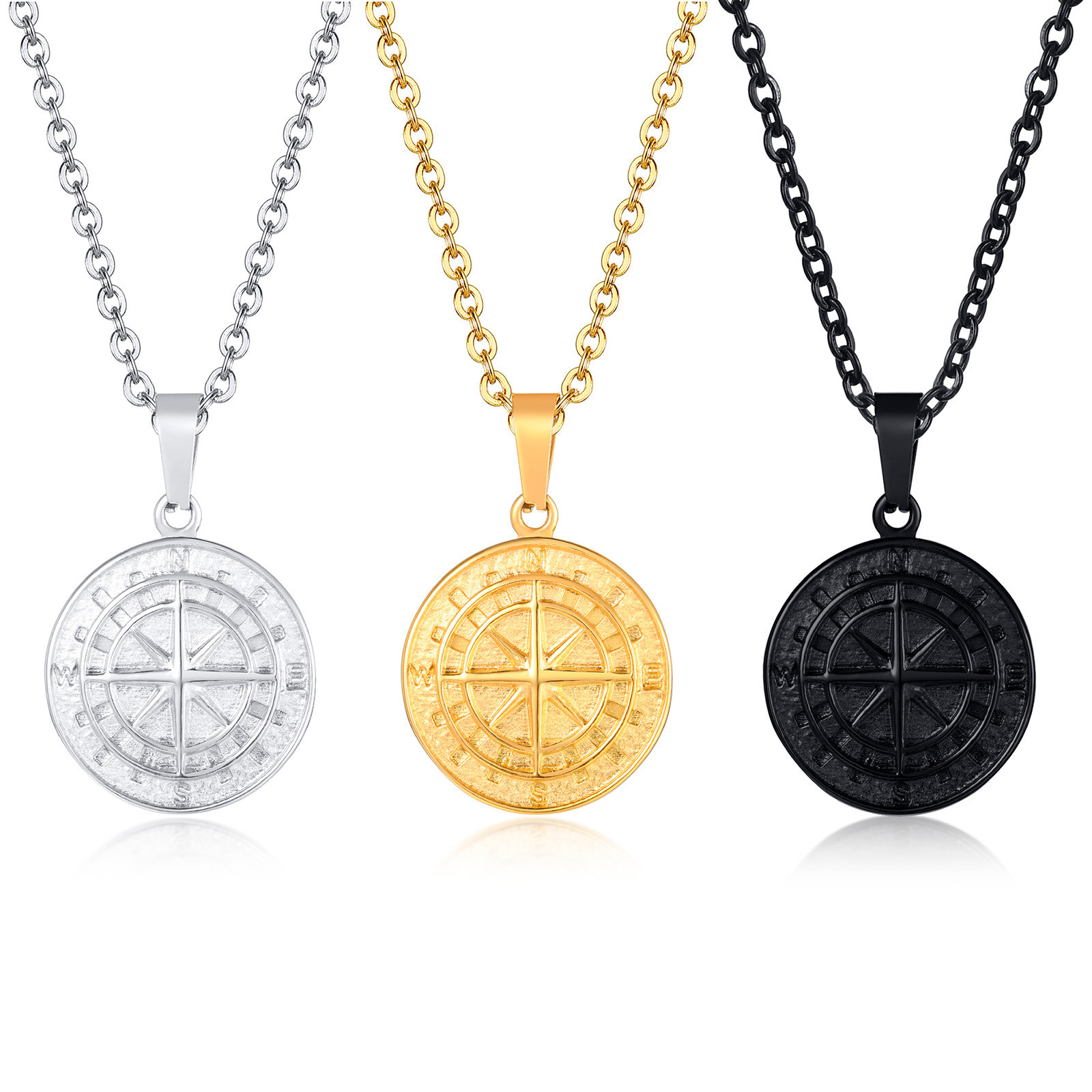 Fashion Silver Gold Black Coin Compass North Star Pendant Chain Necklaces For Men Stainless Steel Jewelry Necklace