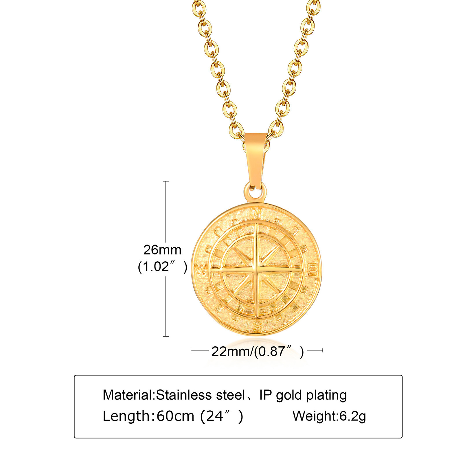 Fashion Silver Gold Black Coin Compass North Star Pendant Chain Necklaces For Men Stainless Steel Jewelry Necklace