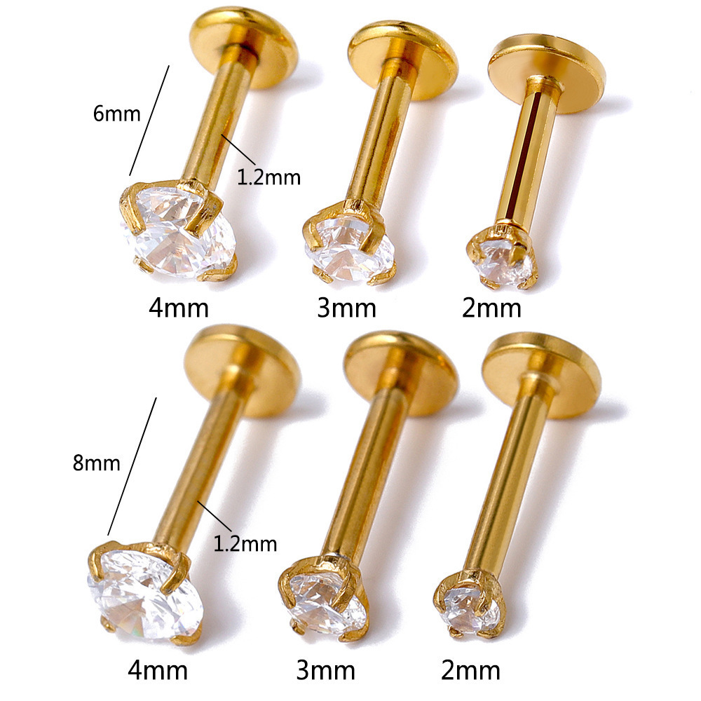 Stainless Steel Gold Plated Pierced Ear Lip Labret Studs Helix Ear Flat Back Zircon Earring Tragus Cartilage Piercing Jewelry