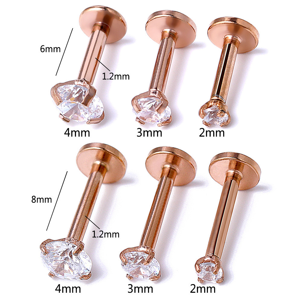 Stainless Steel Gold Plated Pierced Ear Lip Labret Studs Helix Ear Flat Back Zircon Earring Tragus Cartilage Piercing Jewelry