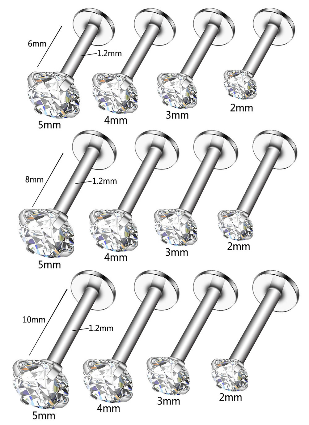 Stainless Steel Gold Plated Pierced Ear Lip Labret Studs Helix Ear Flat Back Zircon Earring Tragus Cartilage Piercing Jewelry