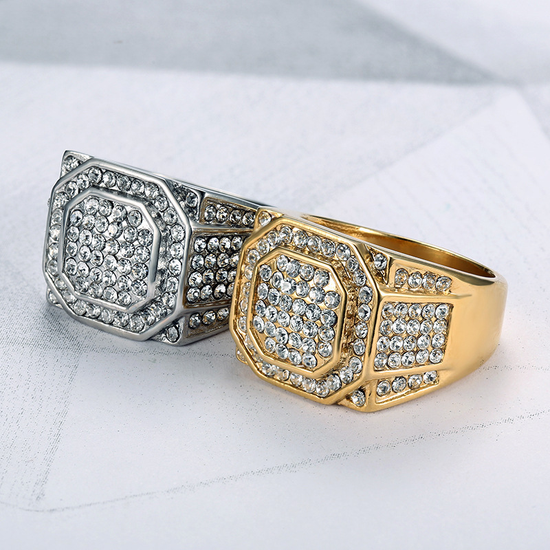 Hip Hops Engagement Wedding Silver Gold Zircon Ring Charm Jewelry For Men Stainless Steel Rings