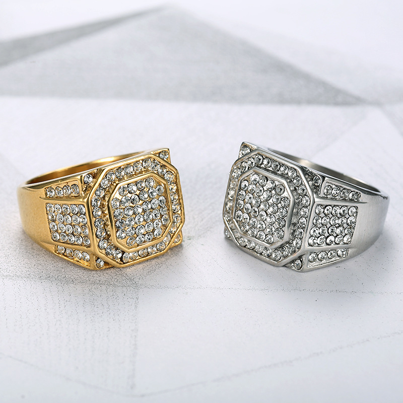 Hip Hops Engagement Wedding Silver Gold Zircon Ring Charm Jewelry For Men Stainless Steel Rings