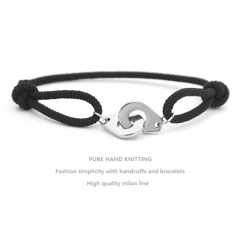 Fashion Jewelry Stainless Steel Handcuffs Shape Charm Bangle Women Mens Weaving Rope Bracelet