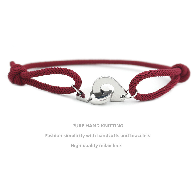 Fashion Jewelry Stainless Steel Handcuffs Shape Charm Bangle Women Mens Weaving Rope Bracelet