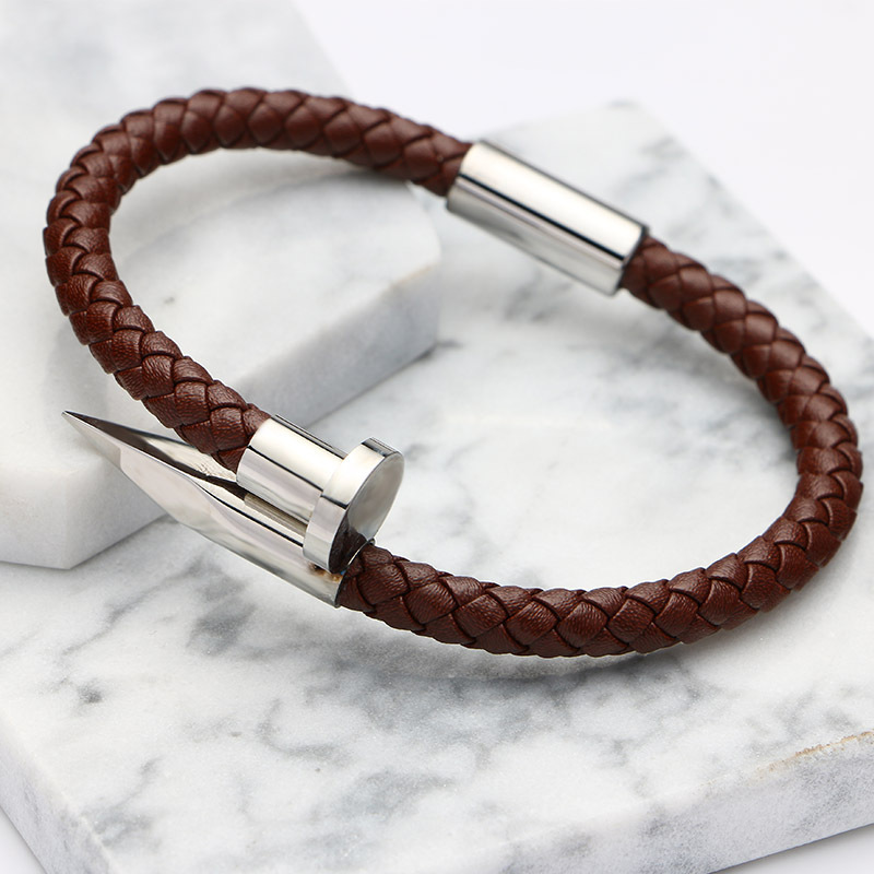 Leather braided stainless steel bracelet nail bracelet fast sell out nail bracelets