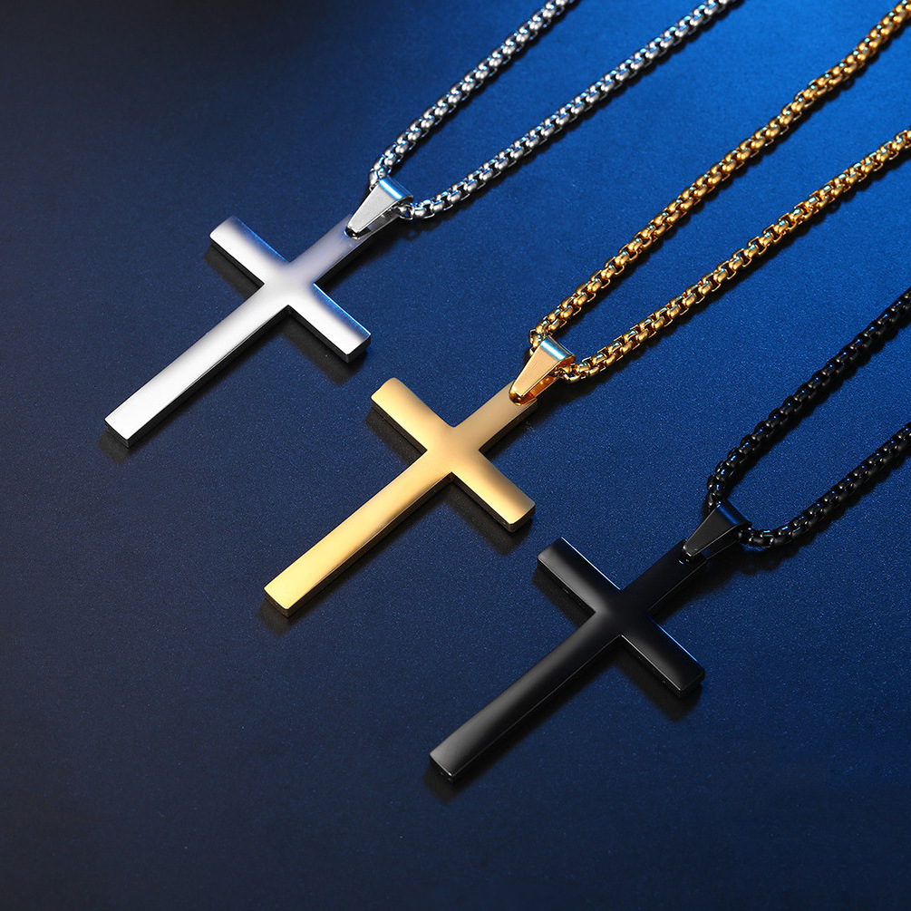 Simple Smooth Titanium Steel Plated 18K Gold Cross Men's Stainless Steel Cross Necklace for Anniversary and Engagement