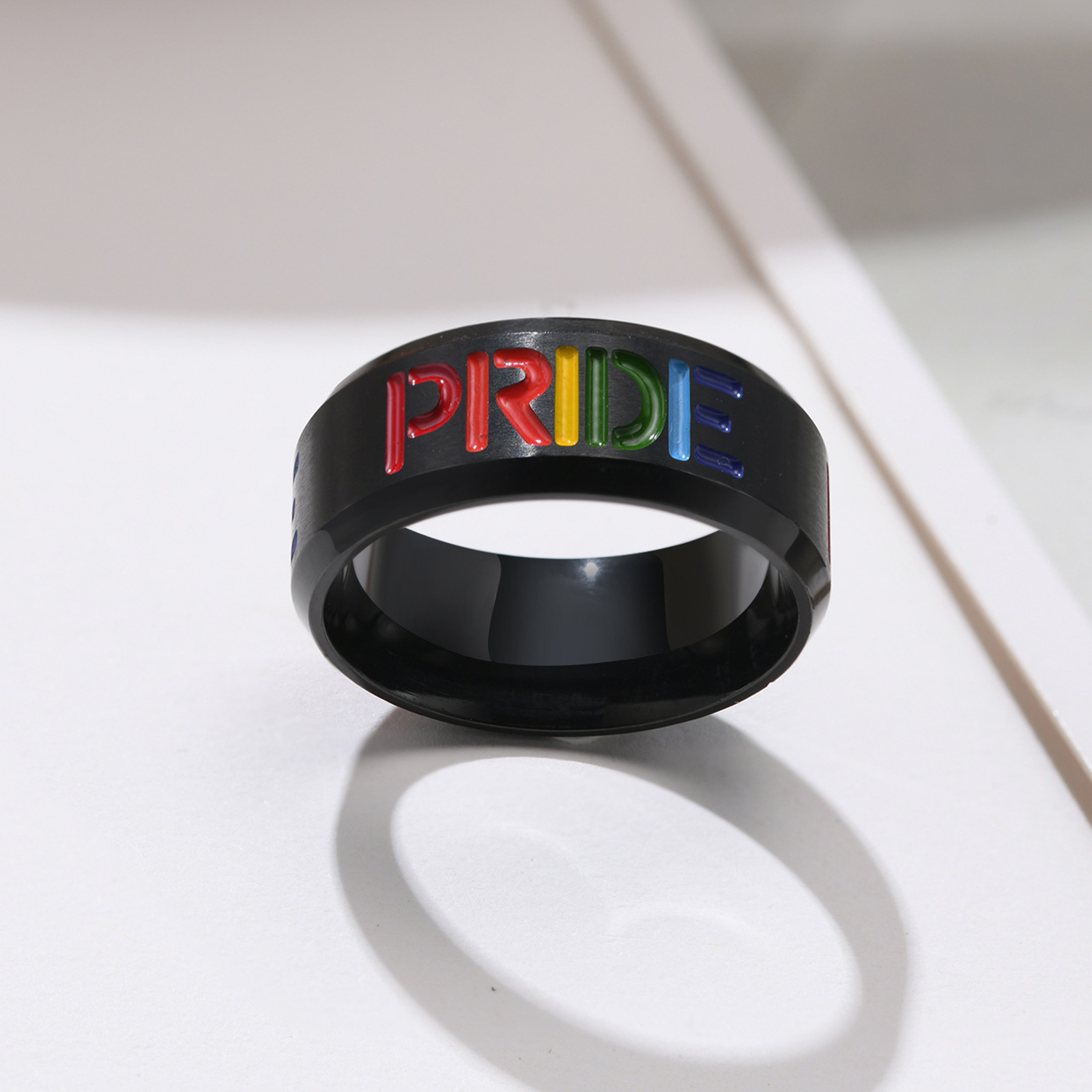 Stainless Steel PRIDE Rainbow Ring Black Men's Fashion Ornament Jewelry with Geometric Pattern Unisex Religious Style Parties