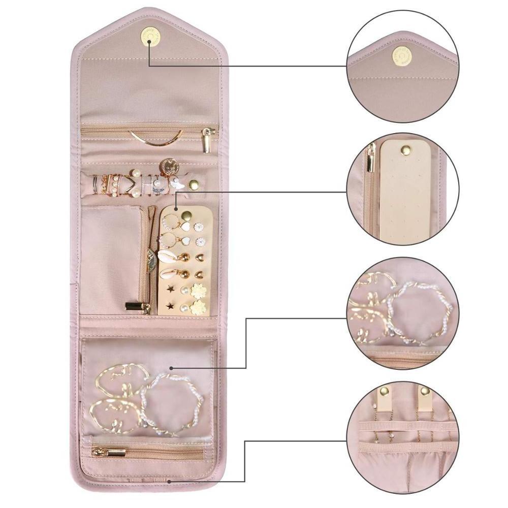 Travel Jewelry Organizer Roll Case Foldable Hanging Jewelry Bag Hanger  For Journey Rings, Necklaces, Bracelets, Earrings