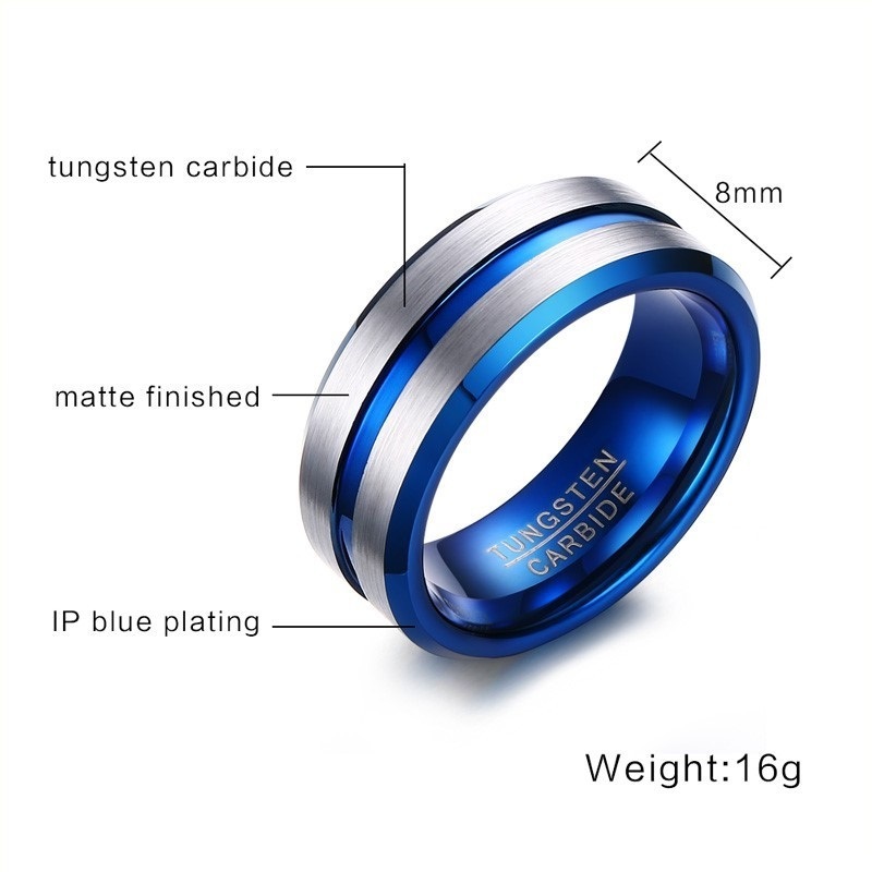 Fashion Thin Blue Line Men's Tungsten Rings Wedding Brand 8MM Tungsten Carbide Rings For Men Jewelry High Polished Beveled Edge