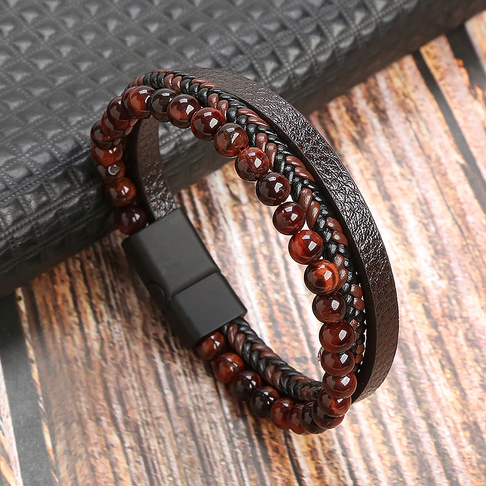 Vintage Tiger Eye Men's Multi-Layered Leather Cuff Bracelet with Magnetic Clasp Natural Stone Beads Fashion Jewelry Bracelets