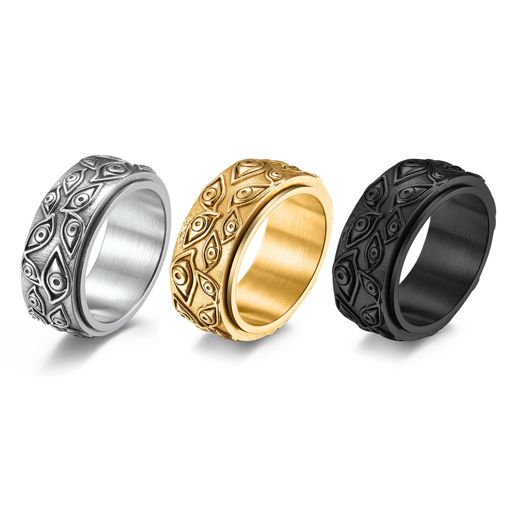 Devil's Eye Gold Plated Stainless Steel Thumb Ring Engagement Men Rotatable Retro Style Compression Rings