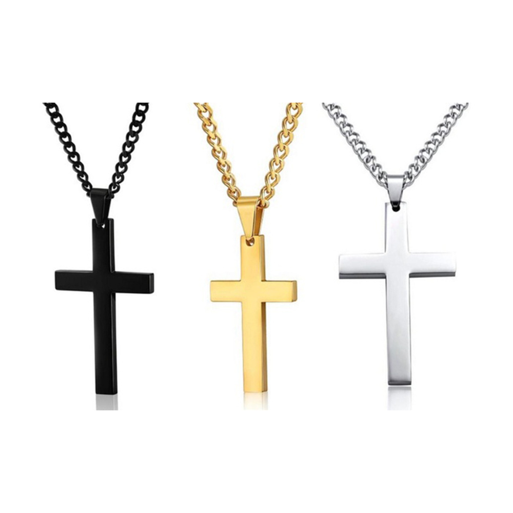 Men's Charm Pendant Necklace Black Cross on Plated Gold Silver Stainless Steel Link Chain with Stone Gift Jewelry