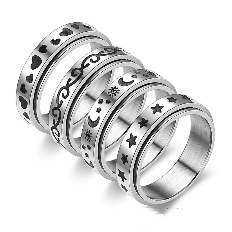 2021 Fashion Silver Gold Plated Spinner Ring Moon Star Heart Cat Fidget Stainless Steel Rotate Anti Anxiety Ring