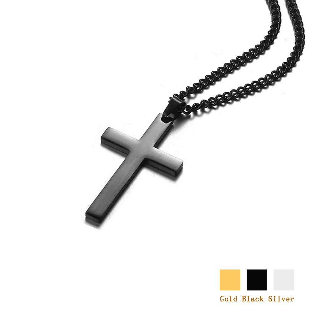 Men's Charm Pendant Necklace Black Cross on Plated Gold Silver Stainless Steel Link Chain with Stone Gift Jewelry