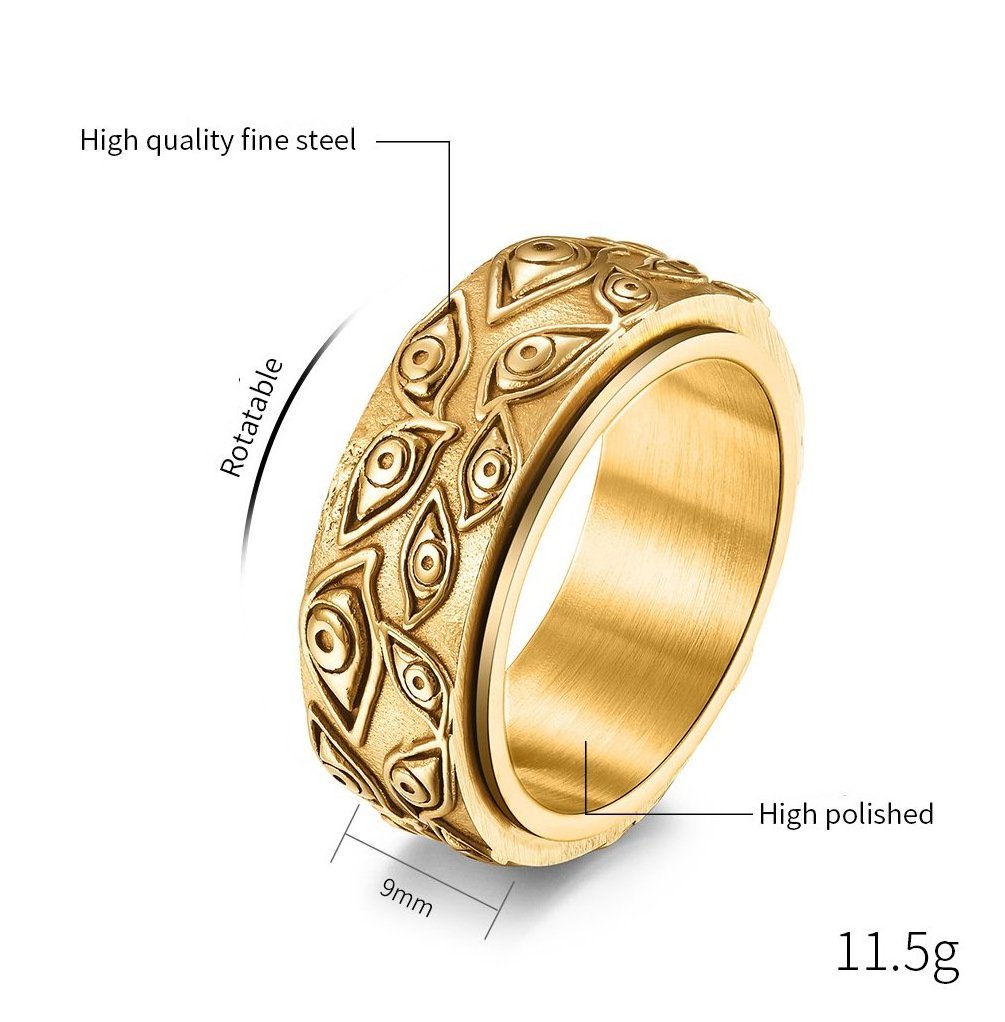 Devil's Eye Gold Plated Stainless Steel Thumb Ring Engagement Men Rotatable Retro Style Compression Rings