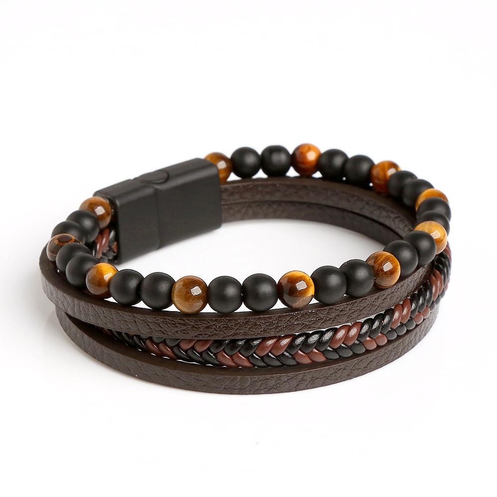 Hot Sale Fashion Jewelry Leather Stainless Steel Bangle Woven Tiger Eye Natural Stone Alloy Mens Bead Bracelet