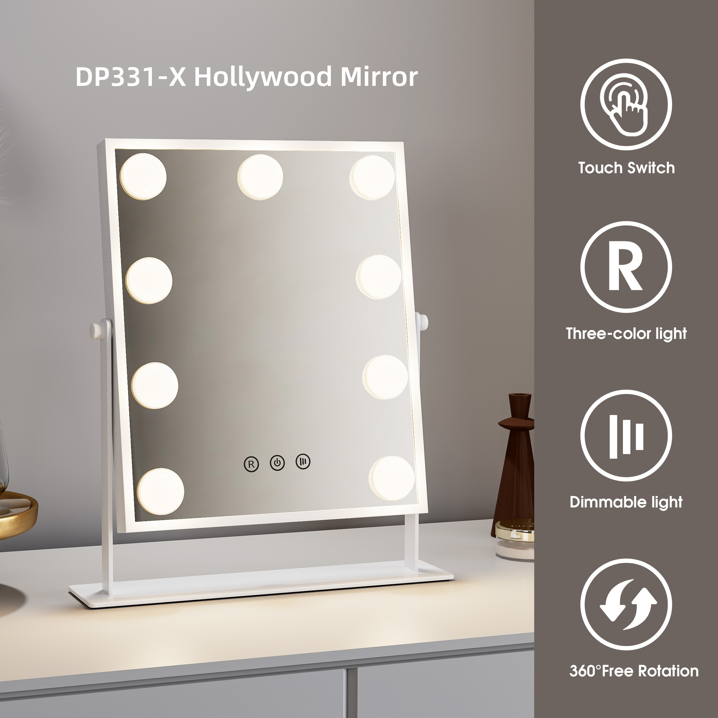 Tabletop Makeup Mirror 9 Dimmable G35 Bulbs Adjust Brightness 3 Colors Light 360 Rotation Vanity Mirror with Lights