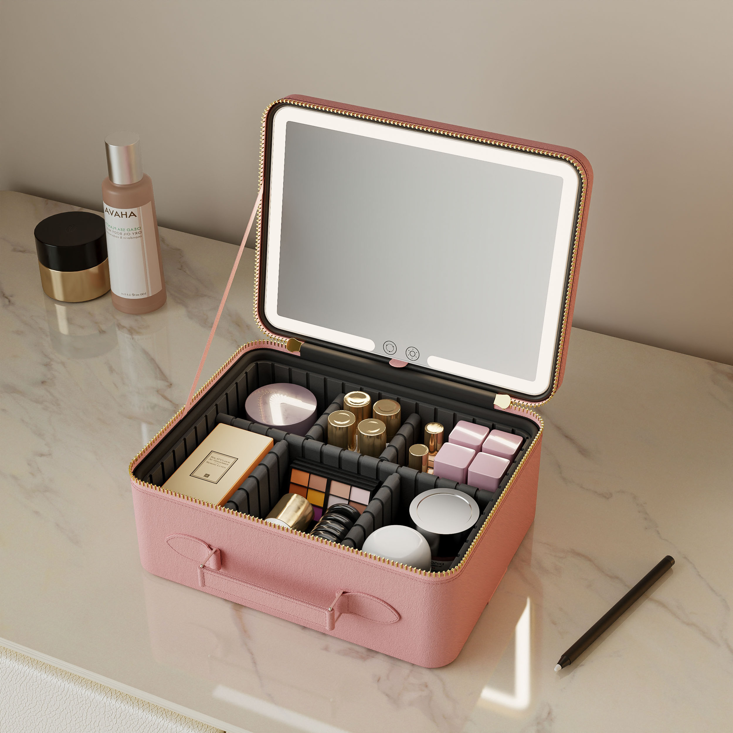 Rechargeable Storage Box Portable Cosmetic Vanity Make Up Folding Travel Makeup Bag Case With Led Light Mirror