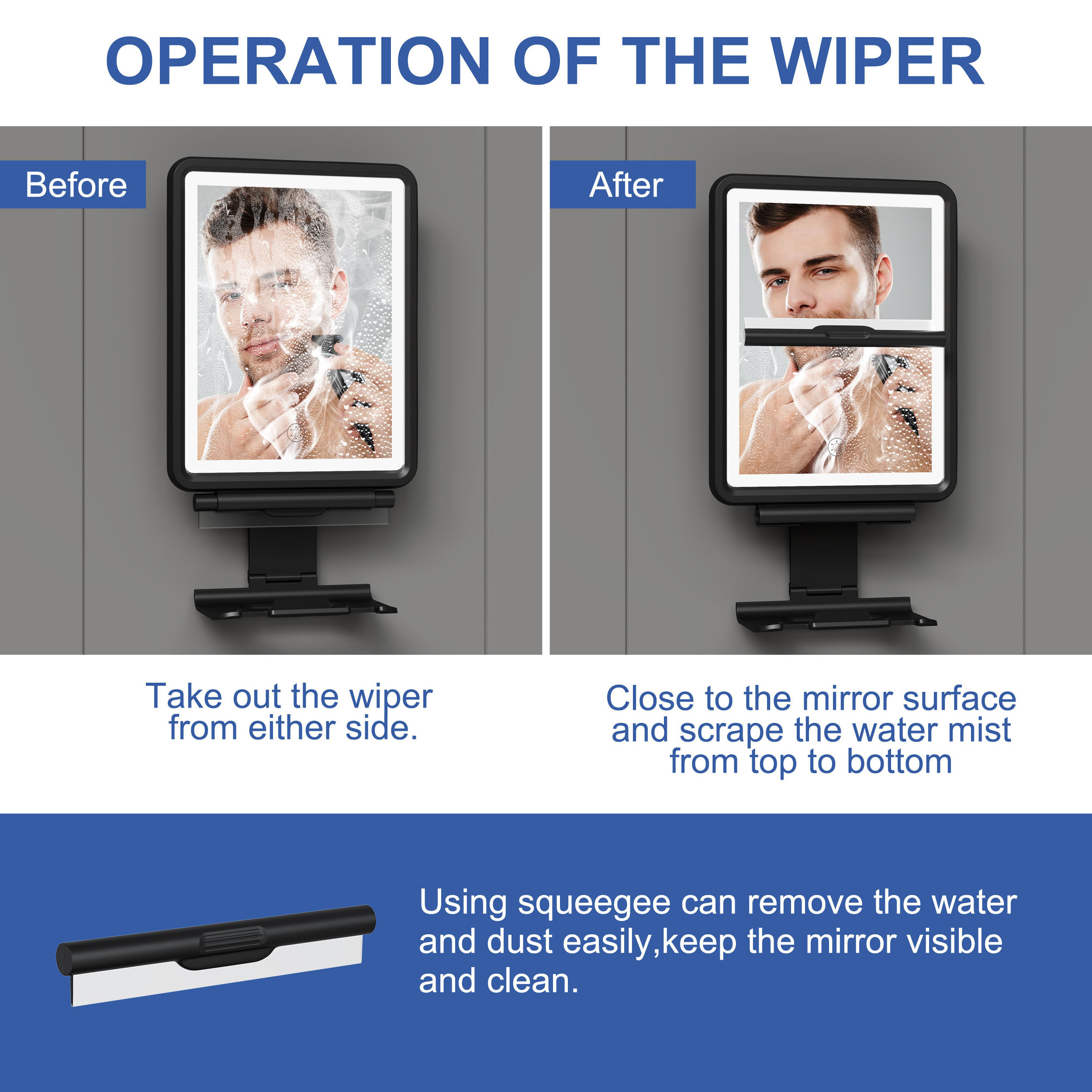 Wall Mounted Waterproof Square Illuminated Anti Fog Shower Fogless For With Led Light Shaving Mirror With Razor Holder