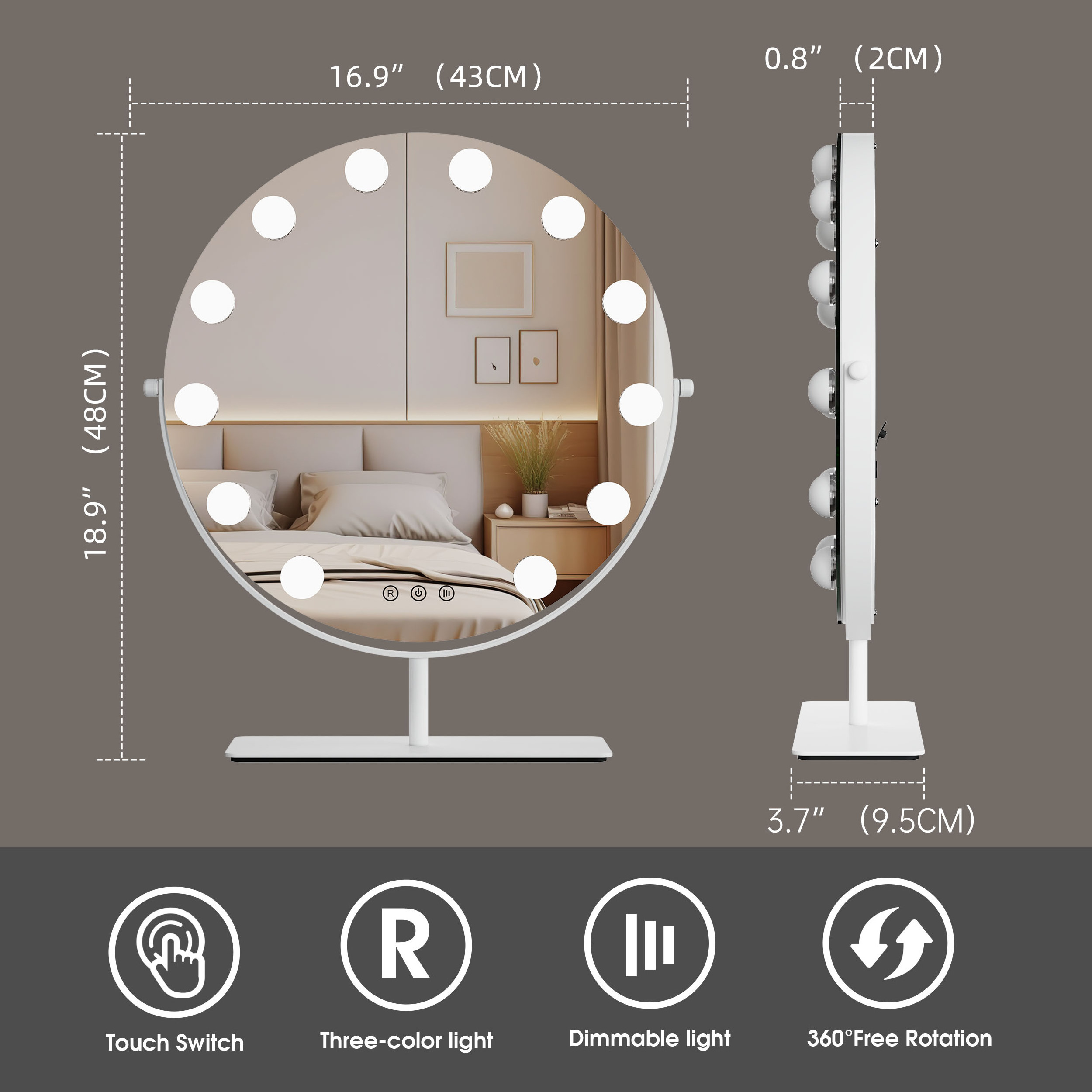 Touch Sensor Switch 43x48cm Bulbs Bulbs Lighted Makeup 360 Rotation Vanity Cosmetic Mirror With Led Lights