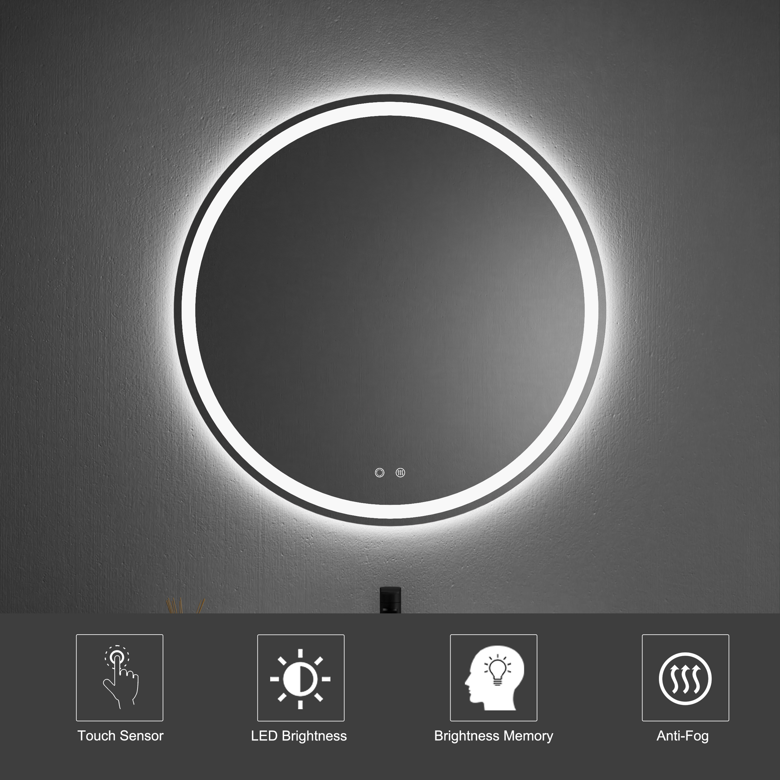 3 Colors And Dimmable Touch Sensor Smart Custom Light Up Modern Backlit Anti Fog With Led Light 24 Inch Round Bathroom Mirror