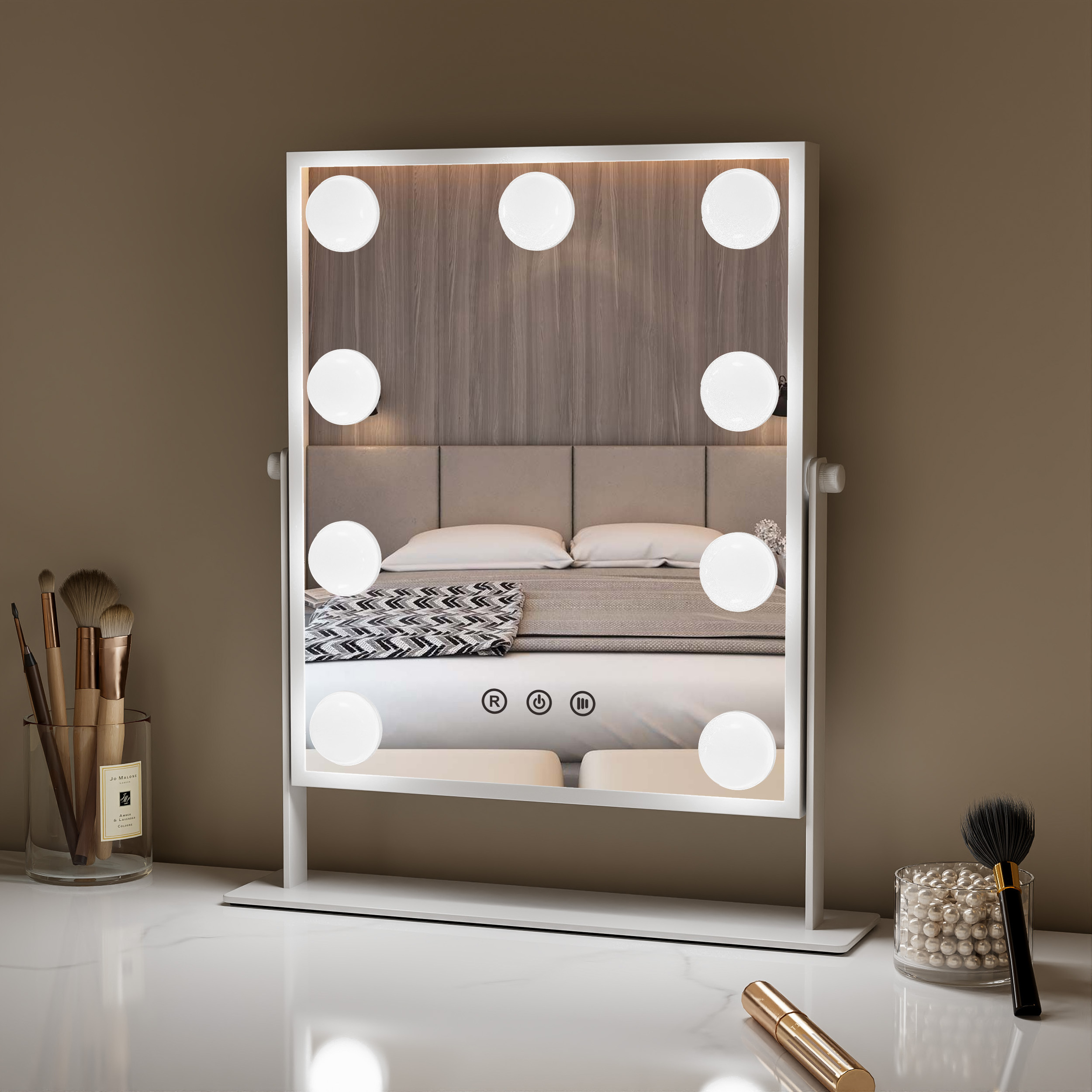 Tabletop Makeup Mirror 9 Dimmable G35 Bulbs Adjust Brightness 3 Colors Light 360 Rotation Vanity Mirror with Lights