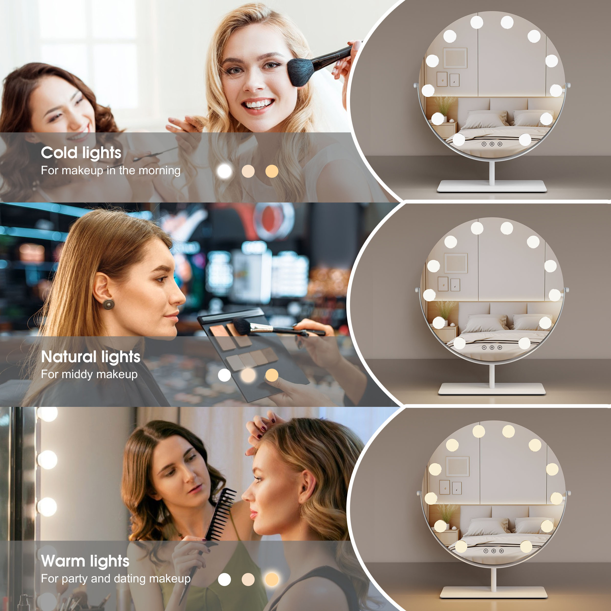 Touch Sensor Switch 43x48cm Bulbs Bulbs Lighted Makeup 360 Rotation Vanity Cosmetic Mirror With Led Lights