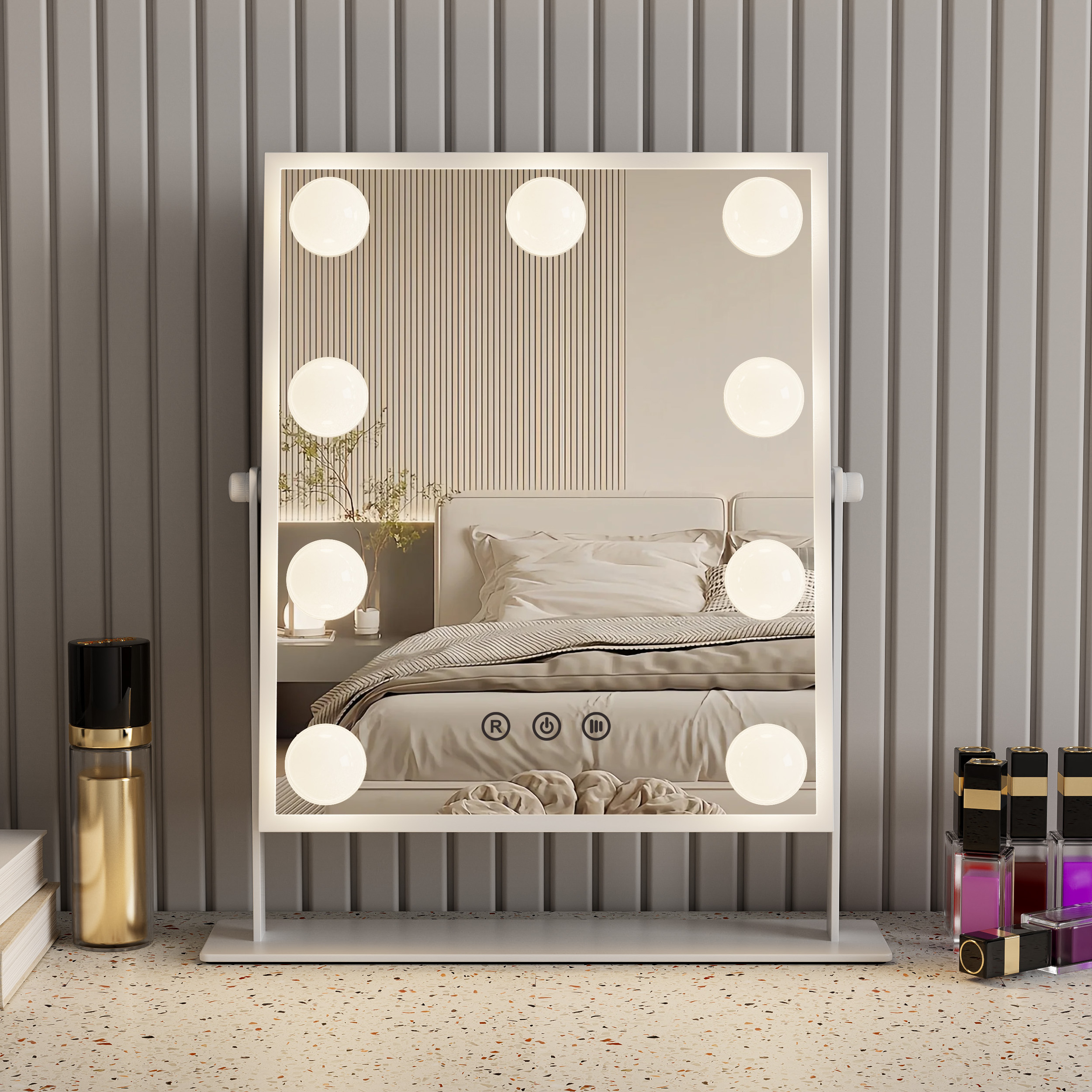 Tabletop Makeup Mirror 9 Dimmable G35 Bulbs Adjust Brightness 3 Colors Light 360 Rotation Vanity Mirror with Lights