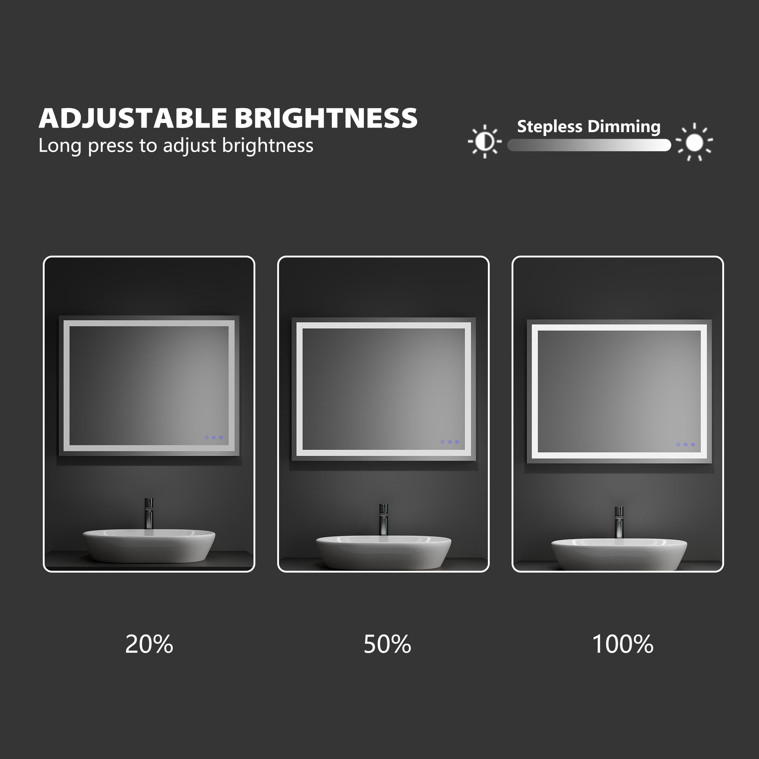 3 Colors And Dimmable Light 36 X 36 Anti Fog Rectangular Smart Hotel IP44 Frameless Led Modern Bathroom Mirror With Light