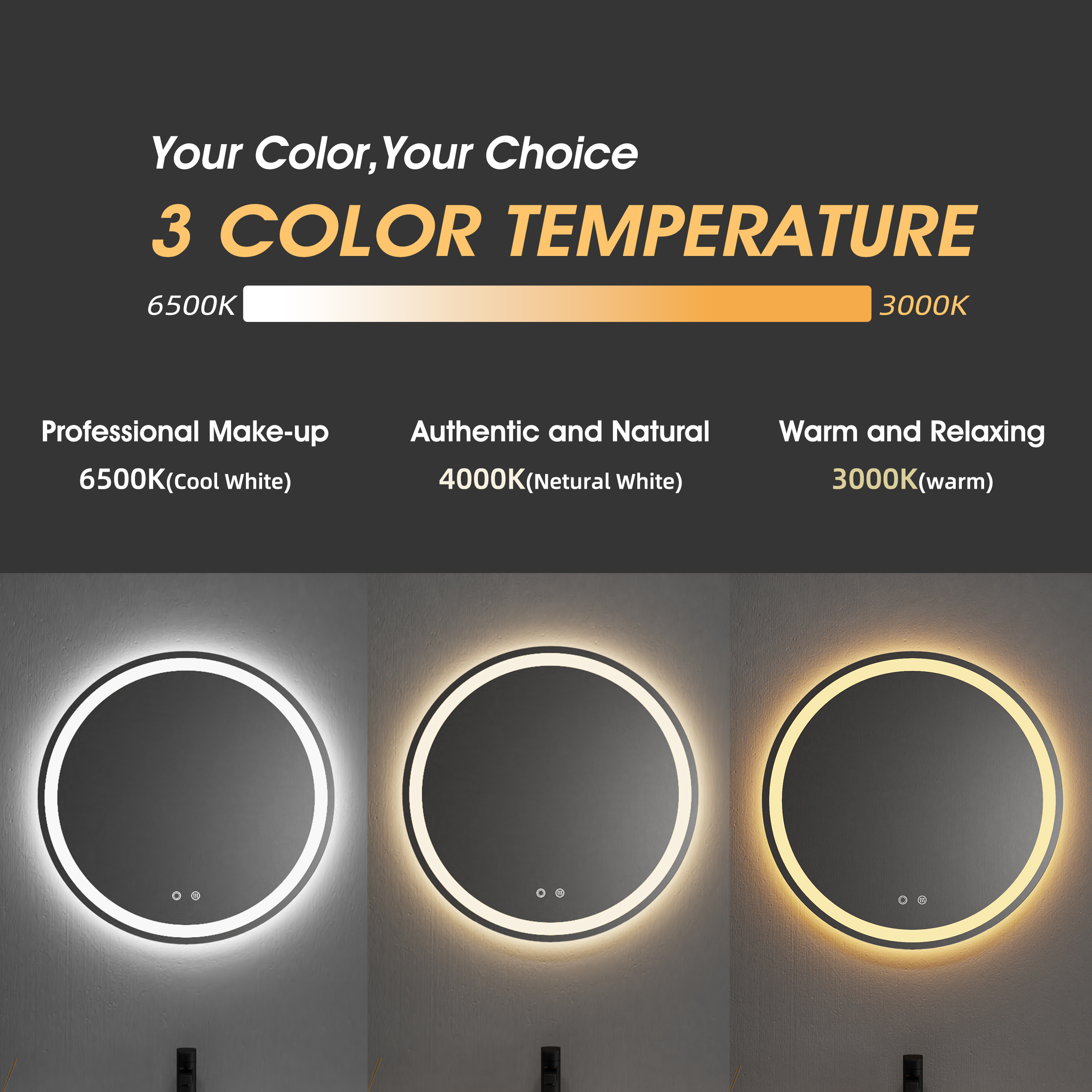 3 Colors And Dimmable Touch Sensor Smart Custom Light Up Modern Backlit Anti Fog With Led Light 24 Inch Round Bathroom Mirror