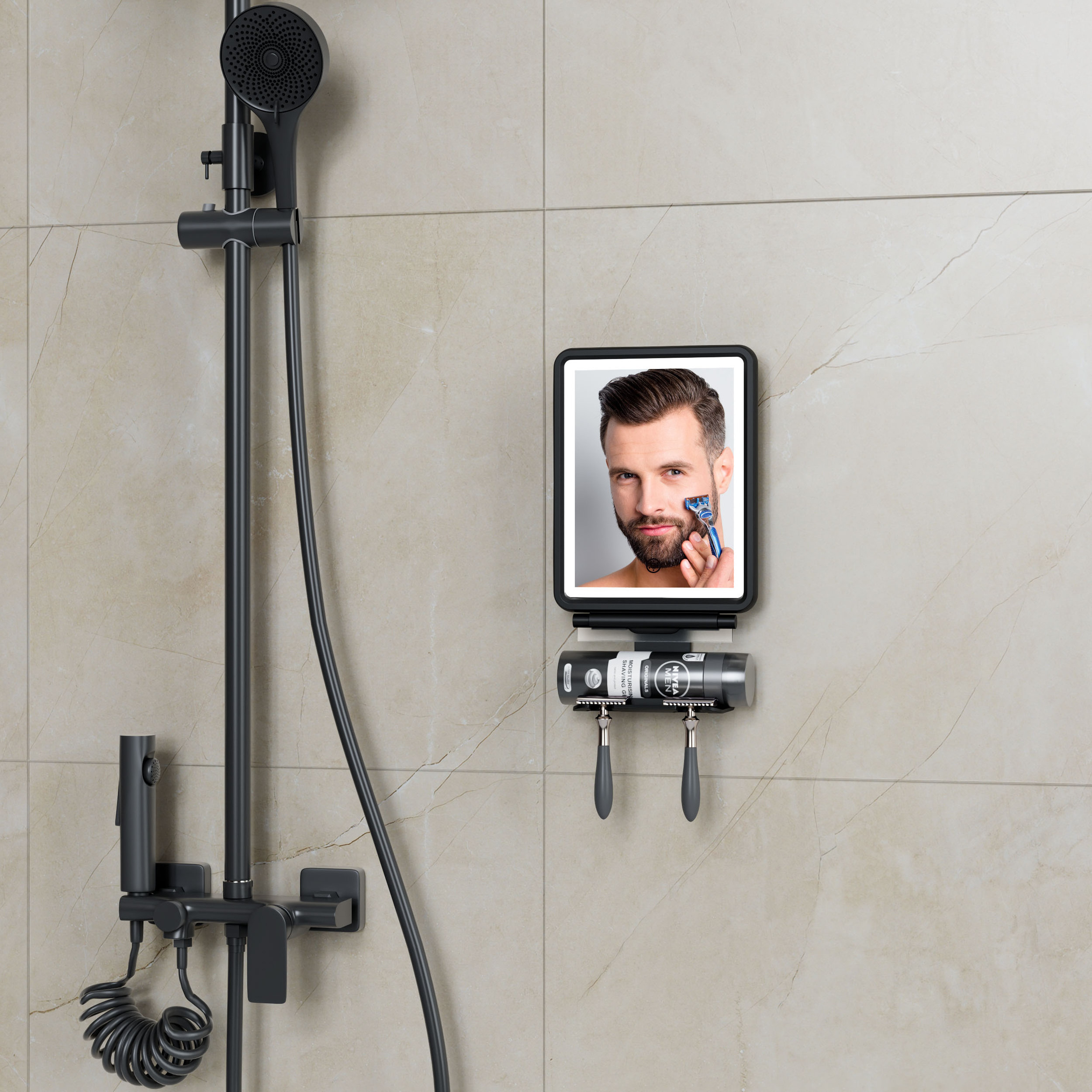 Wall Mounted Waterproof Square Illuminated Anti Fog Shower Fogless For With Led Light Shaving Mirror With Razor Holder