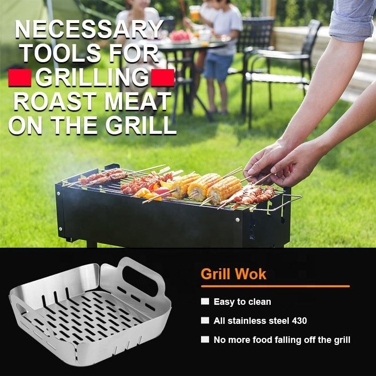 Perforated 3 Pieces Square Round Bbq Veggie Grill Basket Wok Grilling Baskets Set Stainless Steel Vegetable Grill Wok Topper