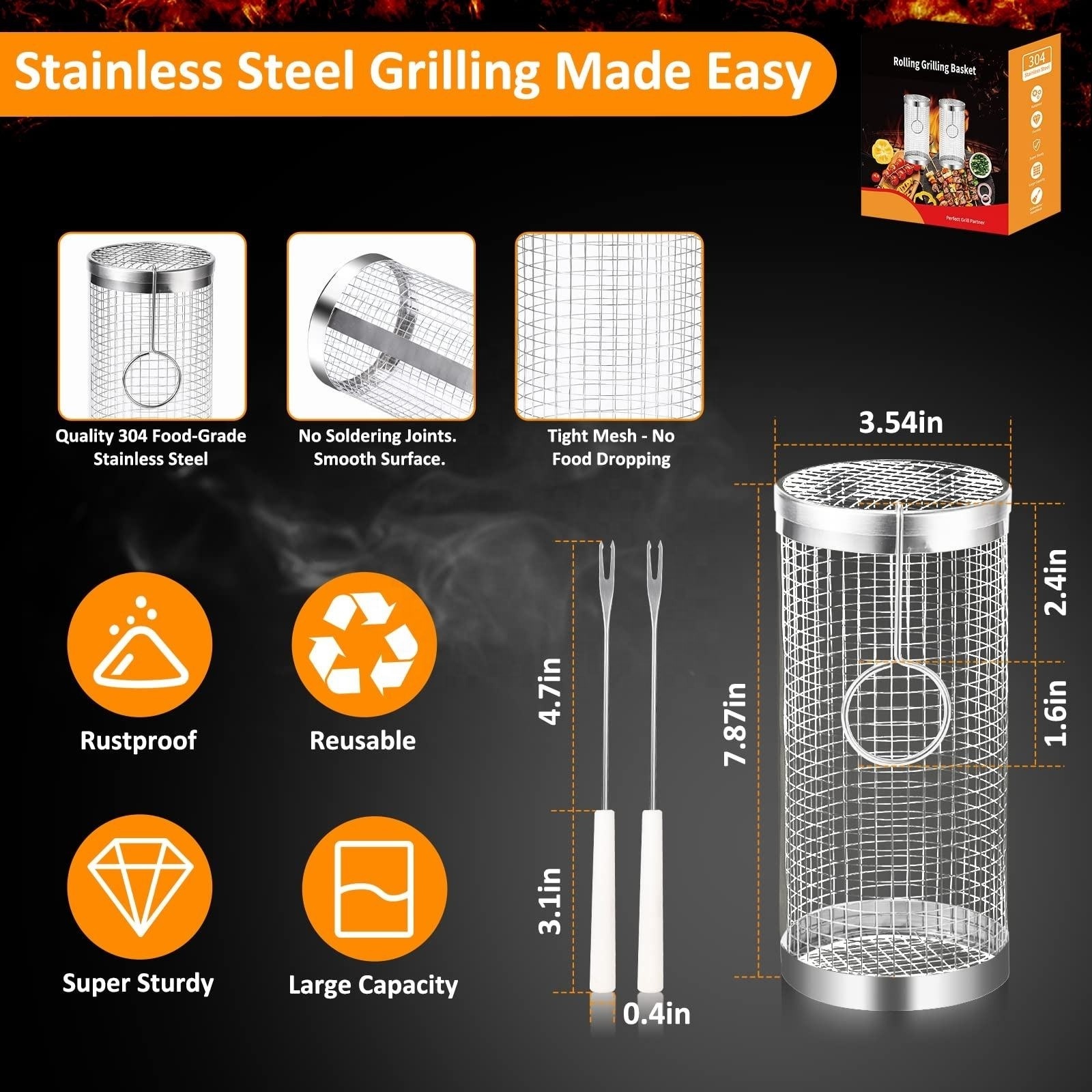 Portable Rolling Grilling Basket Stainless Steel Grill Mesh Useful Rolling Grilling Basket