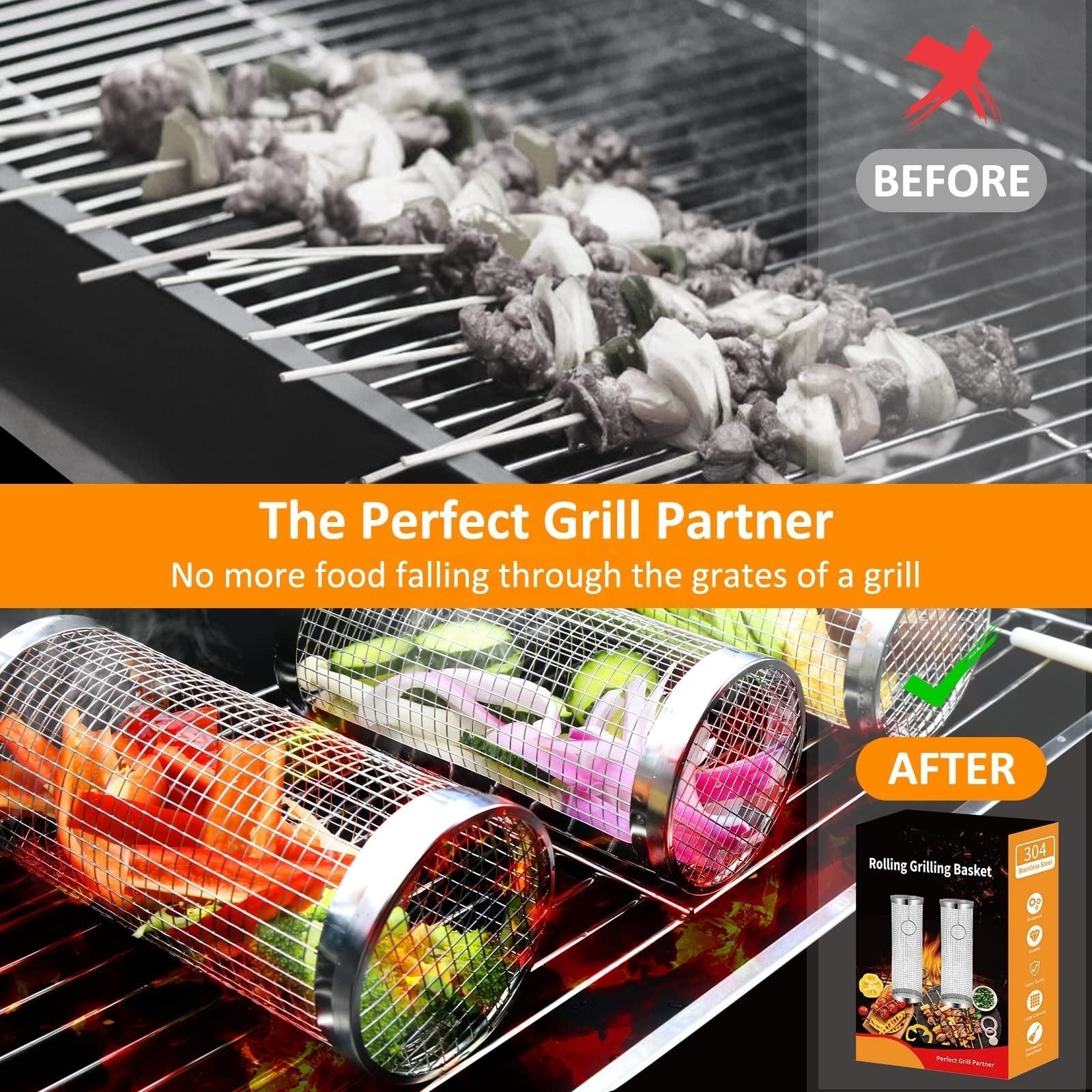 Portable Rolling Grilling Basket Stainless Steel Grill Mesh Useful Rolling Grilling Basket