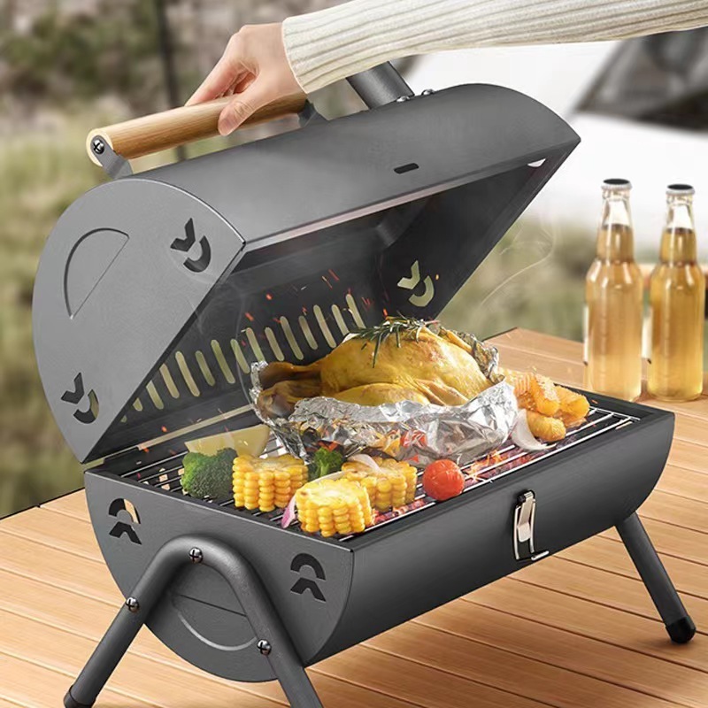 Portable Double Sided Chimney for Outdoor Cooking Handheld Wood BBQ Grill with Cover for Barbecue Grill Fryer Household Gifts