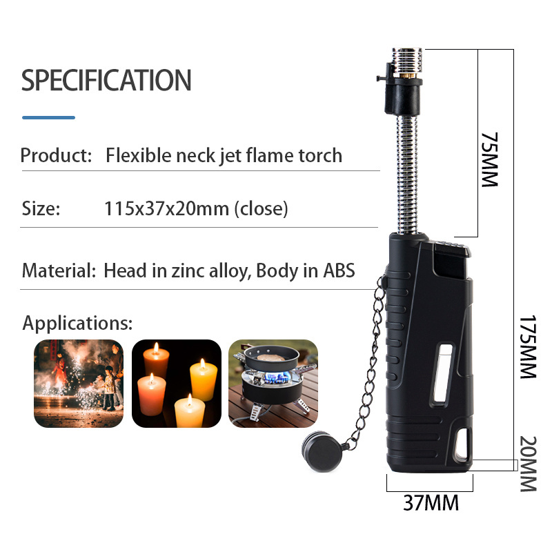 Outdoor Butane Refillable Torch Windproof Jet Flame Lighter with Fuel Window for Candle Camping Kitchen Use