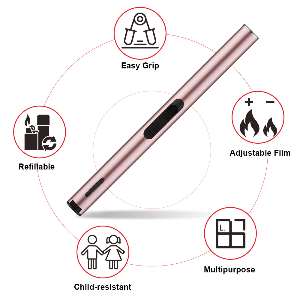 Portable refillable multi purpose slim long metal butane gas lighter