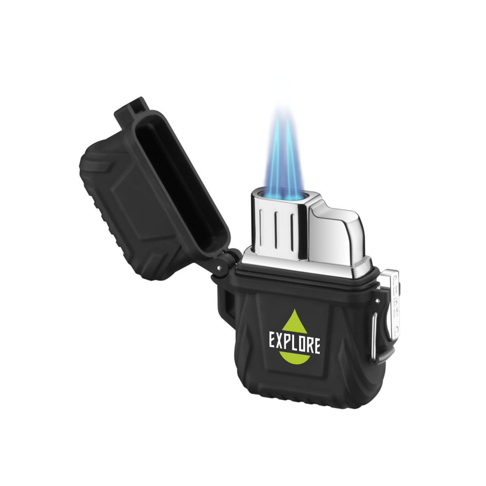 Custom blue flame butane storage double flame lighter with security lock