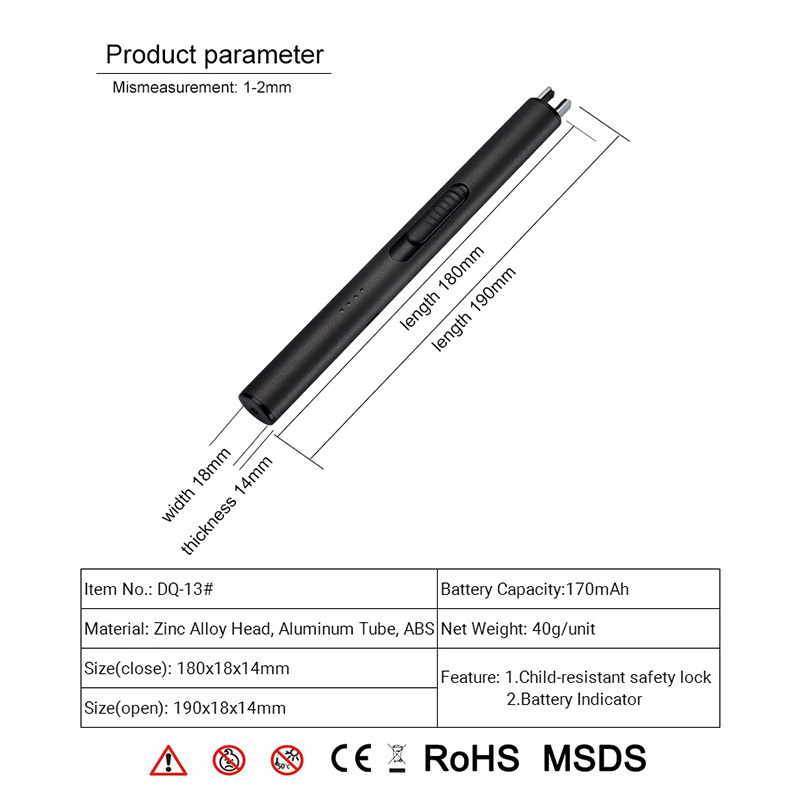 Silver Metal Battery Indicator Safety Lock Long Stick Plasma Rechargeable Electric Lighter