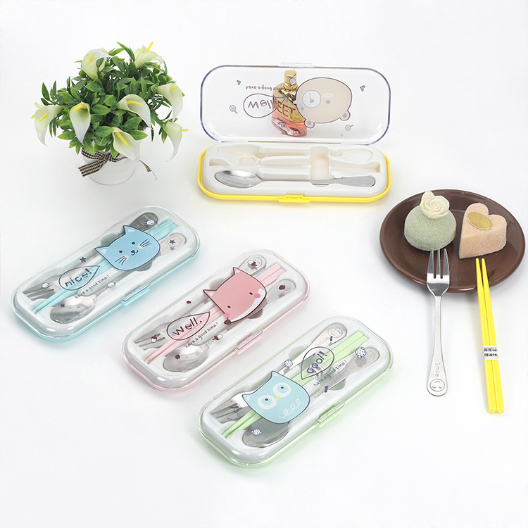 Wholesale Eco-friendly Cute Plastic Cutlery Storage Box Stainless Steel Spoon Fork Chopsticks Set