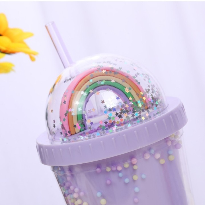 Rainbow Glitter Tumbler Colorful Double Layer Cold Drink Creative Plastic Water Cup With Straw