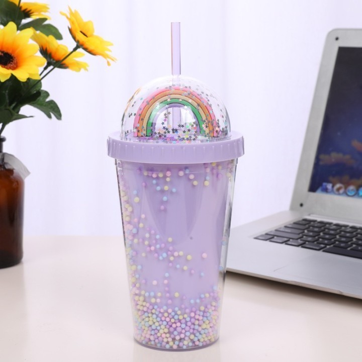 Rainbow Glitter Tumbler Colorful Double Layer Cold Drink Creative Plastic Water Cup With Straw