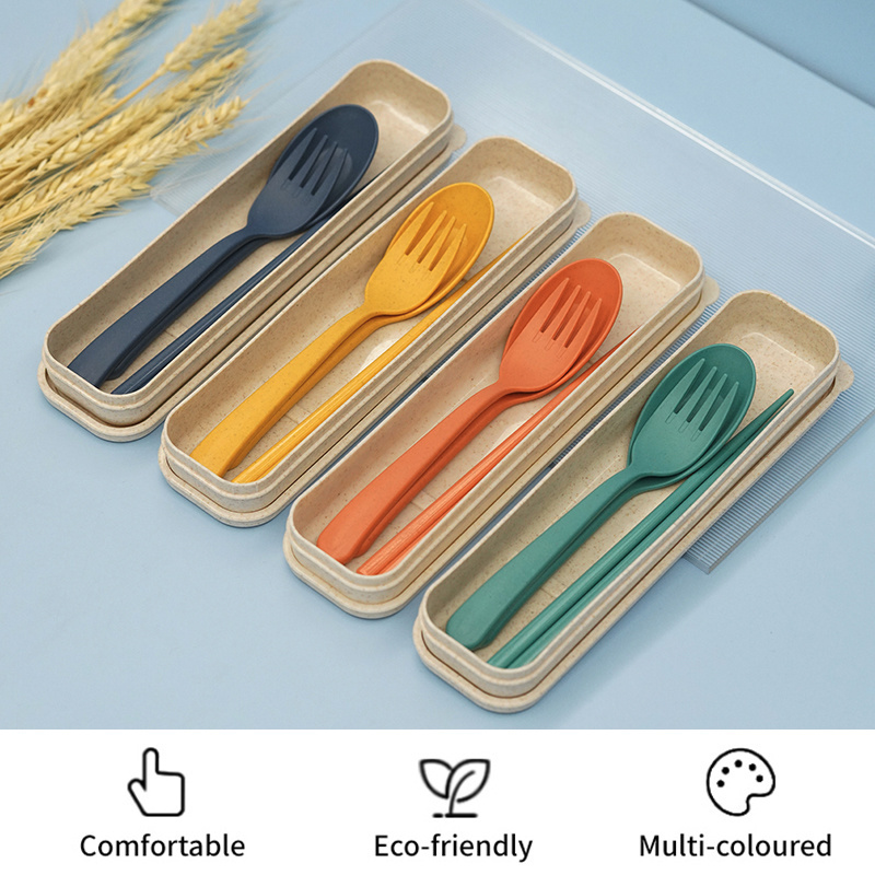 Eco friendly recyclable Spoon Chopsticks Dinnerware Travel Wheat Straw Cutlery Set