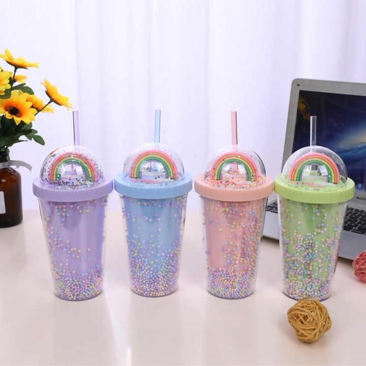 Rainbow Glitter Tumbler Colorful Double Layer Cold Drink Creative Plastic Water Cup With Straw